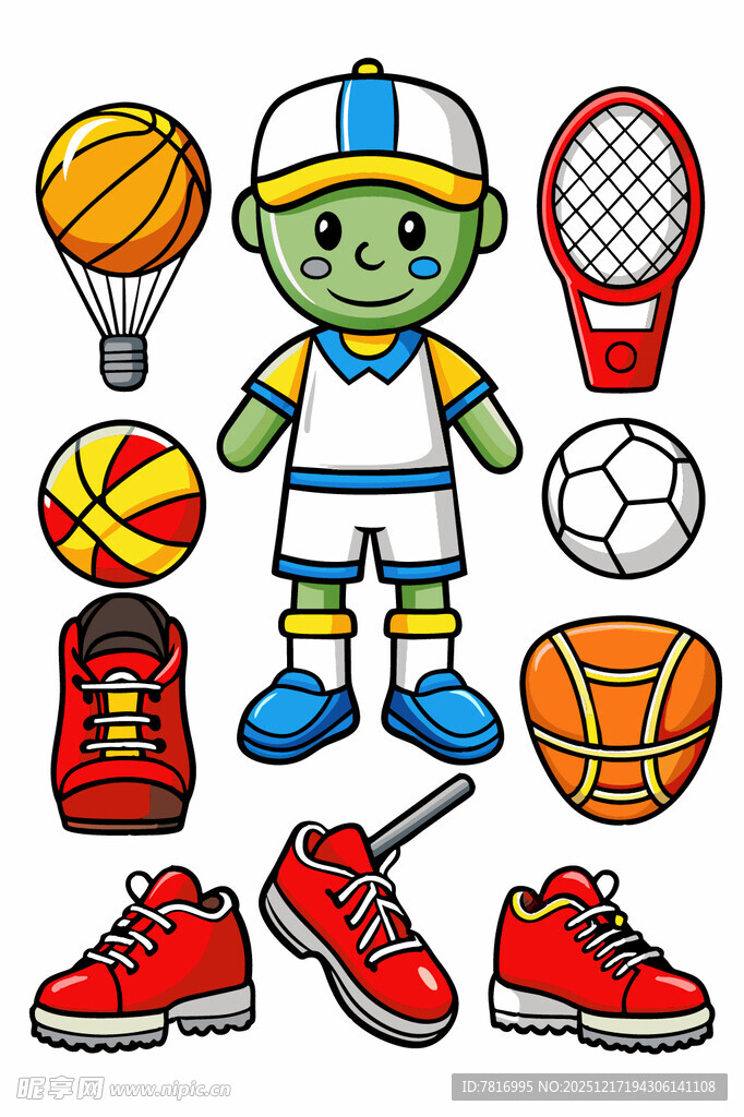 卡通小绿人及多样运动装备