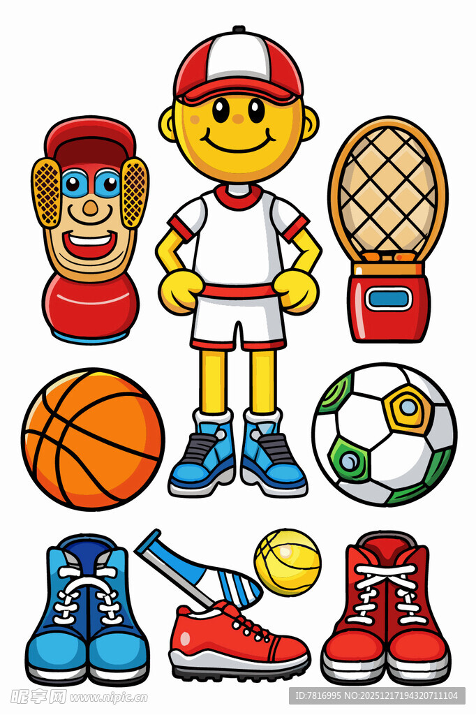运动男孩与多样运动装备