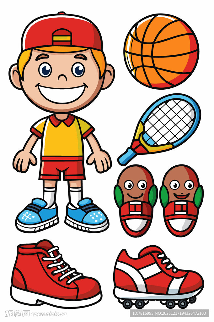 运动男孩与各类运动装备