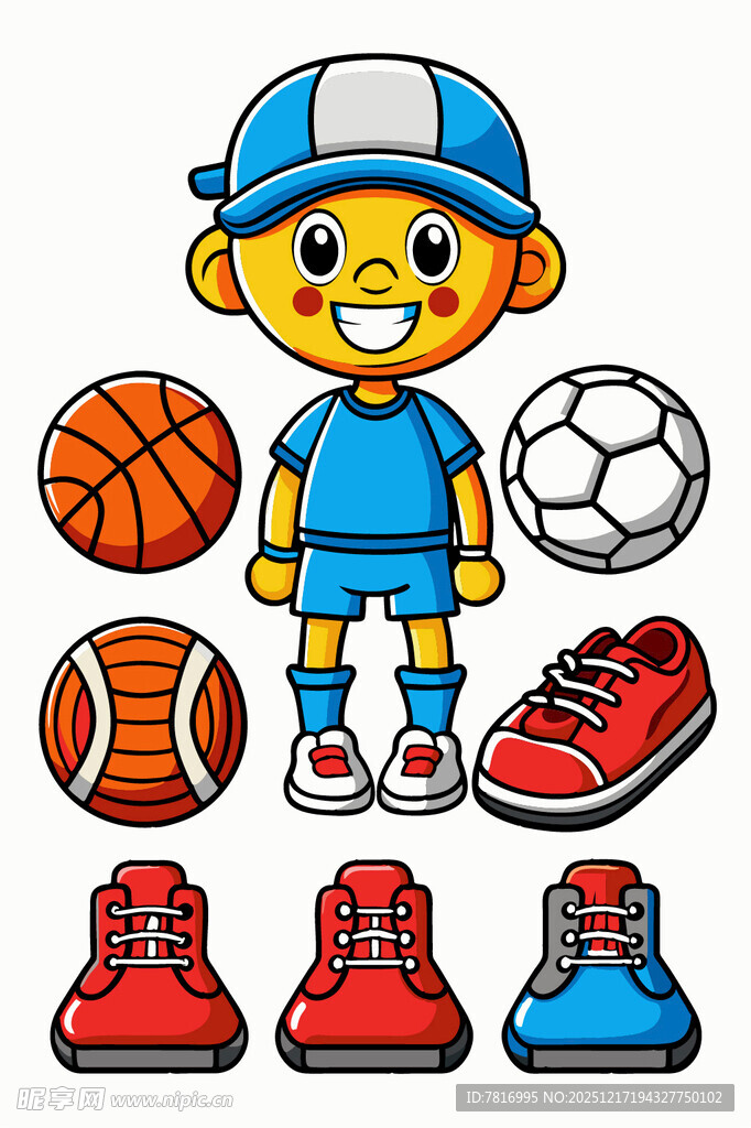 运动小猴与各类球和鞋子