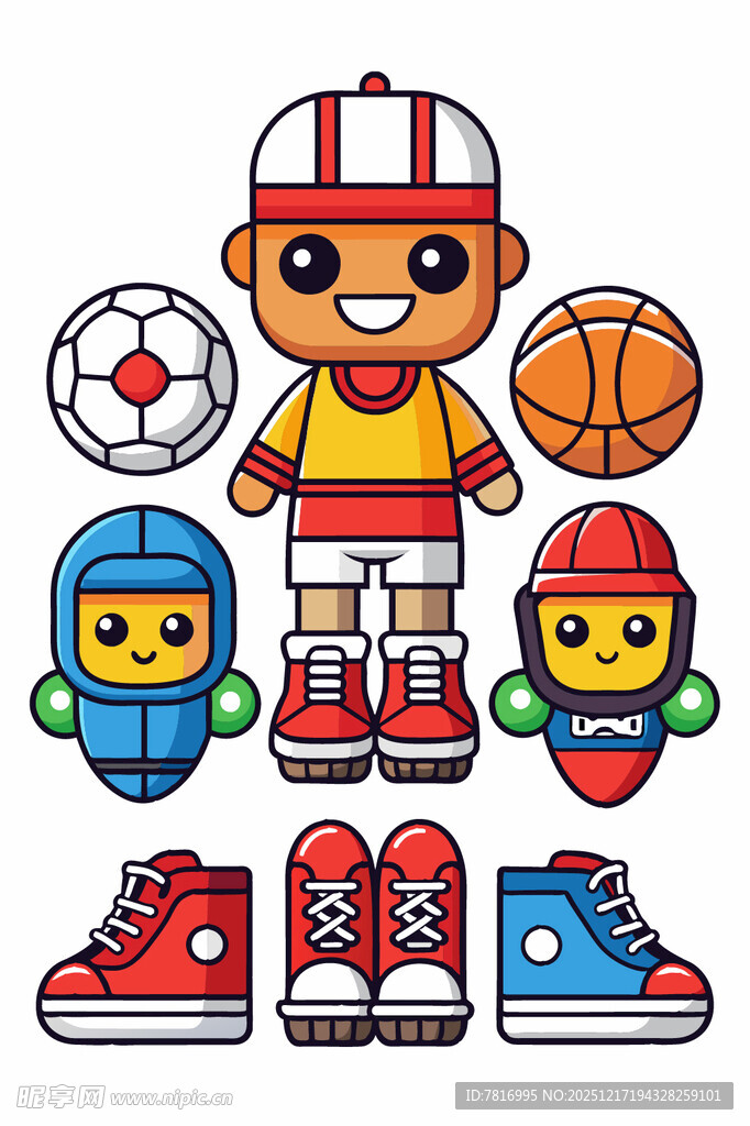 卡通运动男孩与多样装备