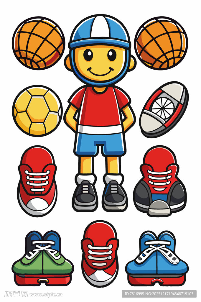 运动男孩与多样球类及鞋