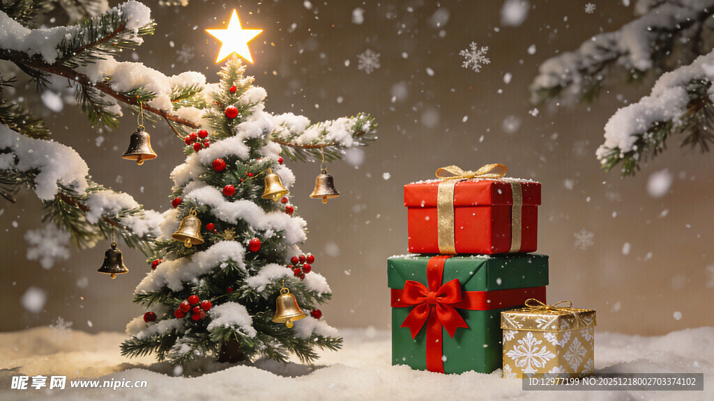 圣诞树下的礼物与雪景