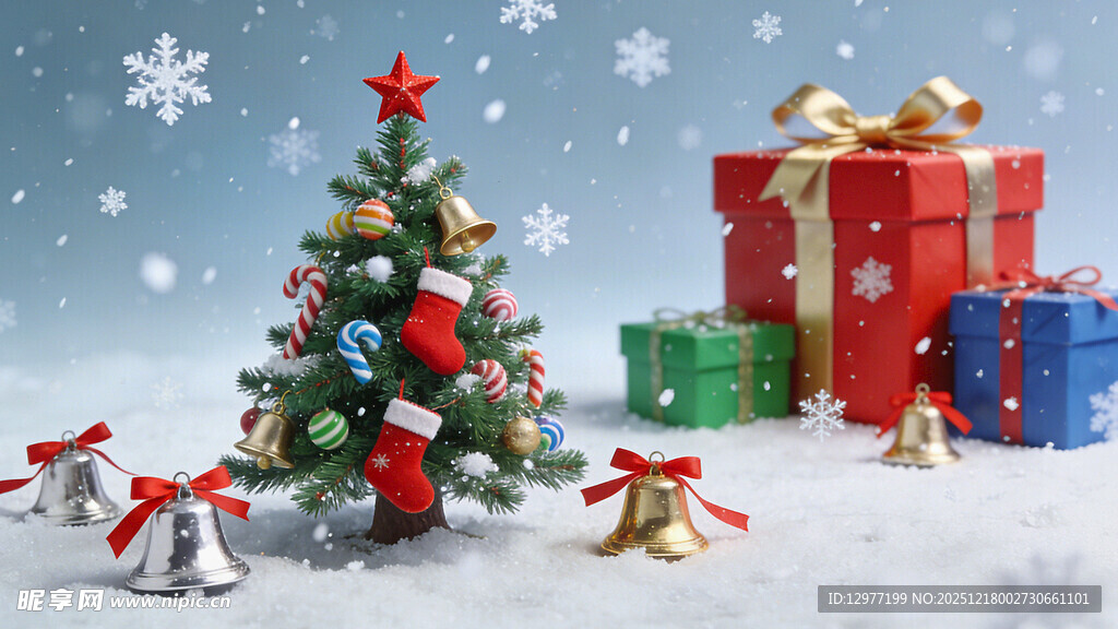 圣诞雪景中的树与礼物