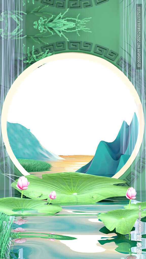 中式山水荷塘意境插画