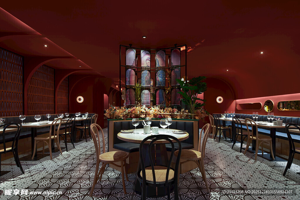 复古红调餐厅室内场景