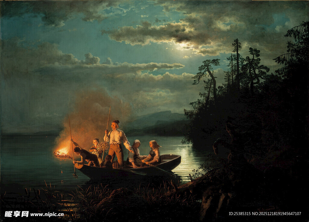 月夜湖面上的着火船只