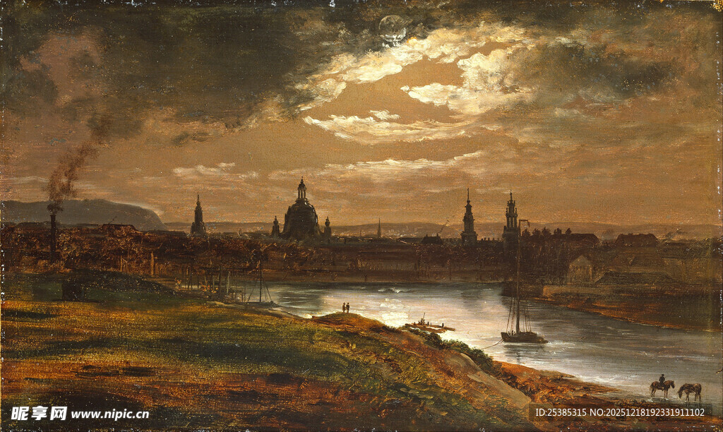 黄昏下的河畔城市风景