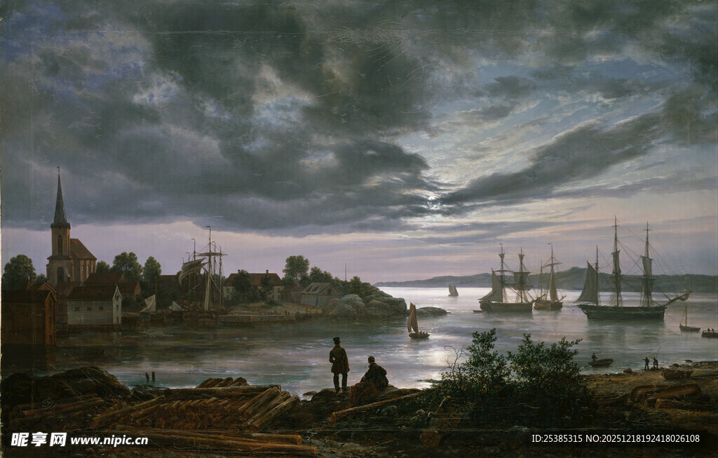 海港黄昏景象船只与行人