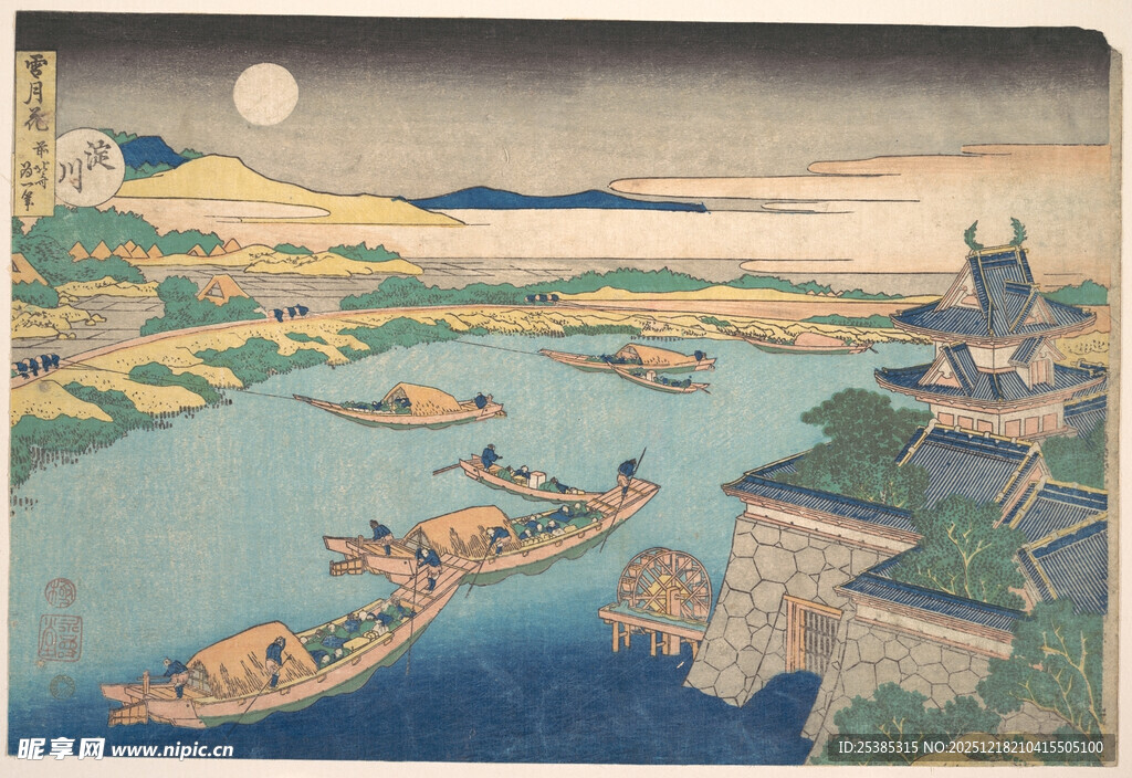 月夜下的河畔船只风景