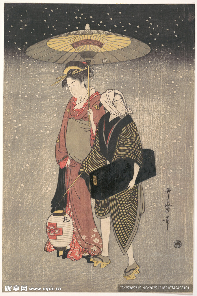 雨中漫步的日本传统人物