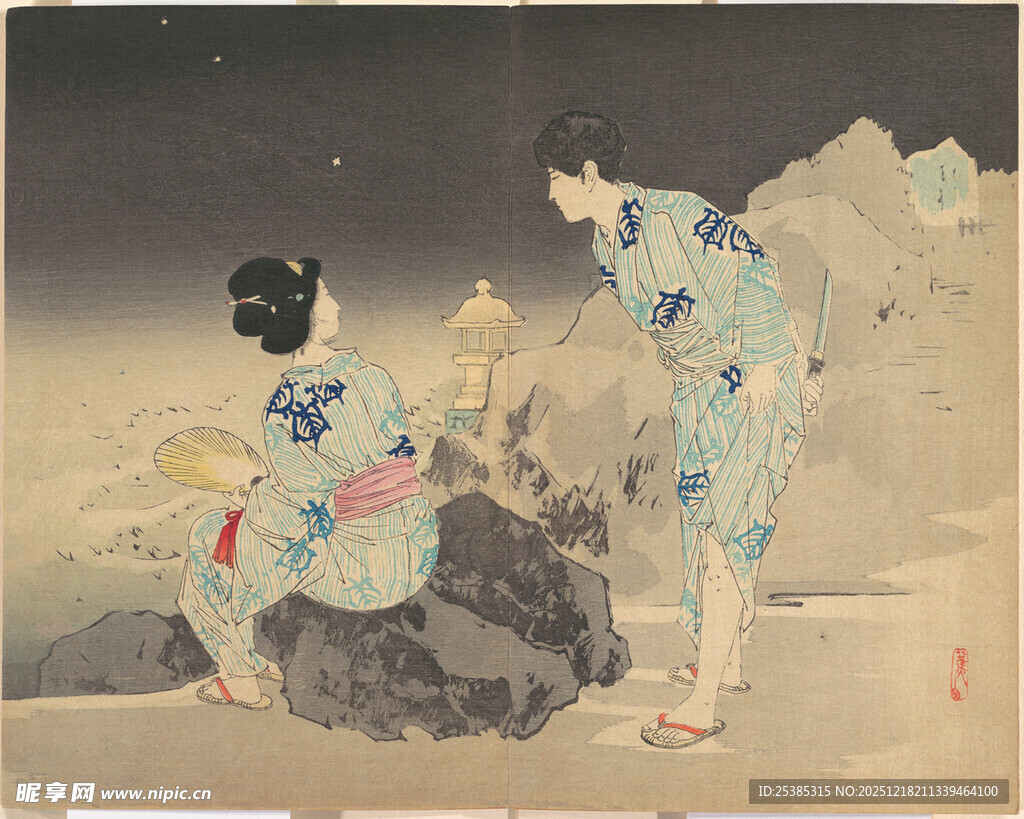 日本传统服饰人物月夜场景