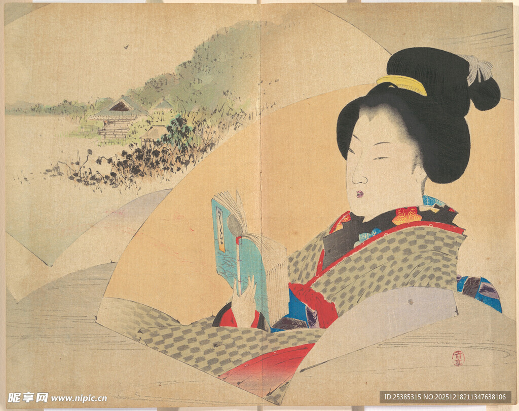 古典和服女子持扇赏景