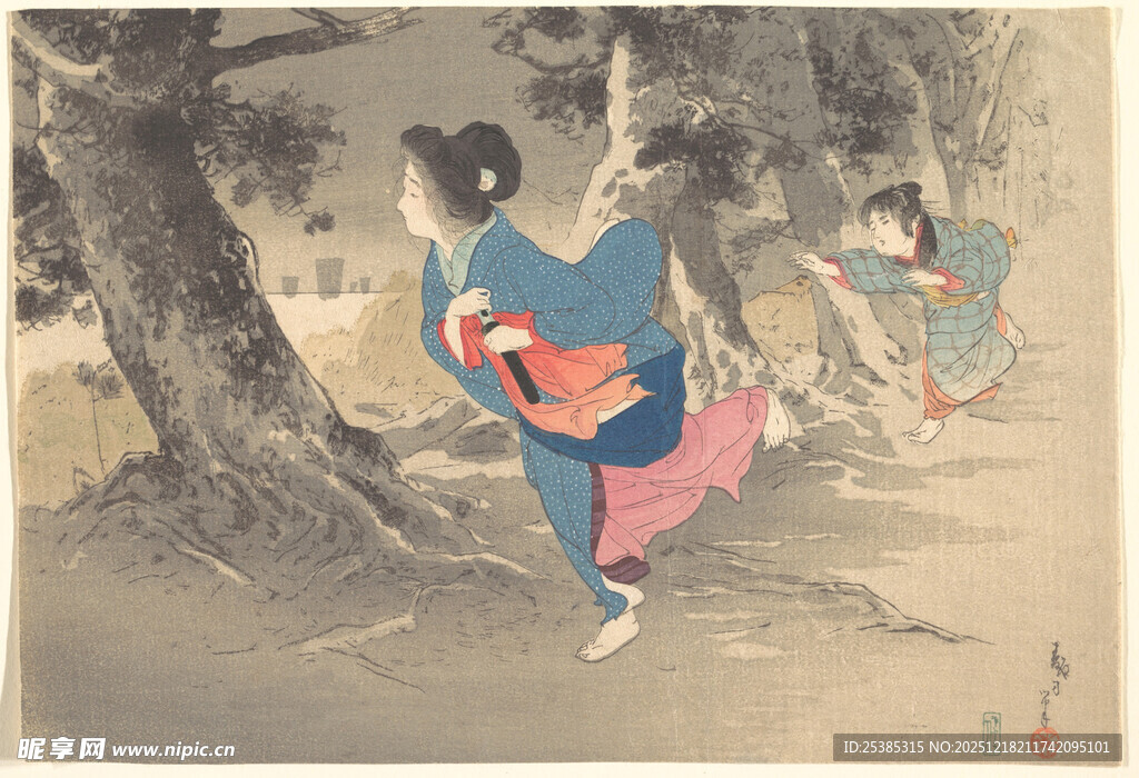 日本传统服饰女子林间漫步