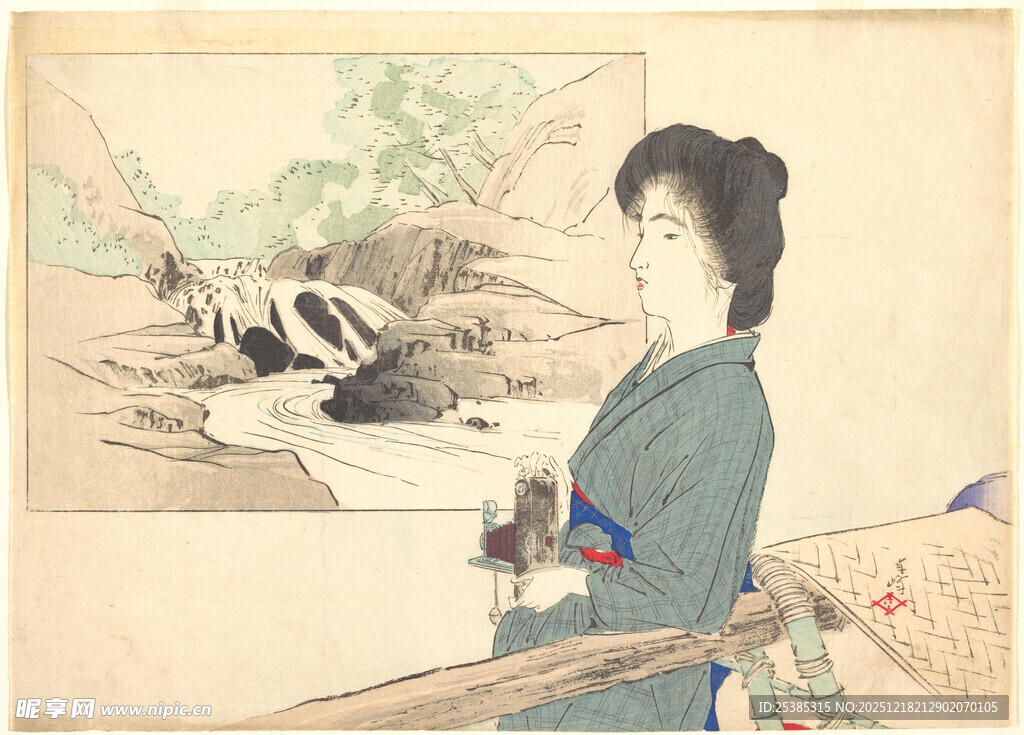 身着和服的日本女子赏景