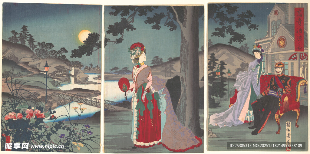 古代仕女月夜赏景图