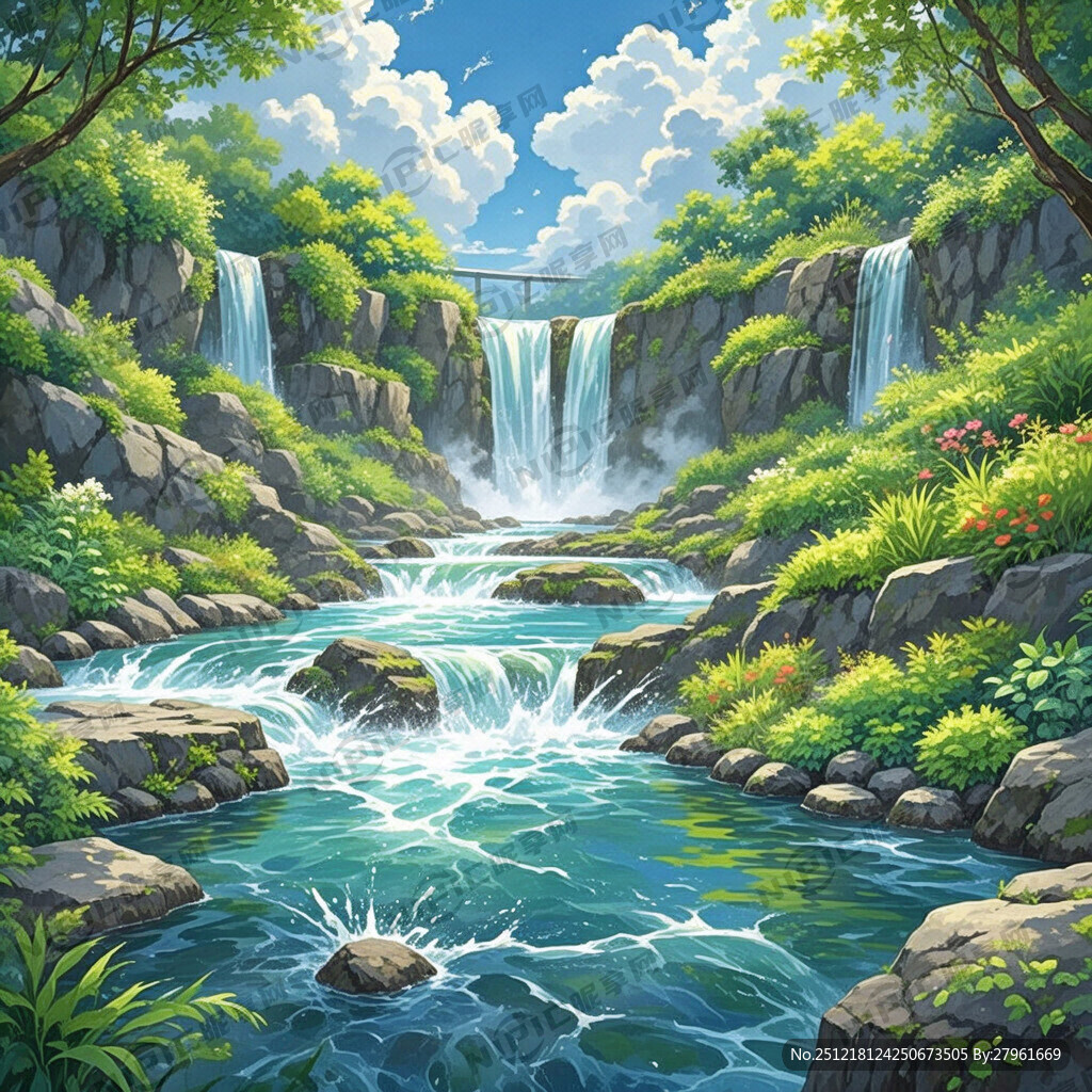 瀑布河流 平原草地 自然风光