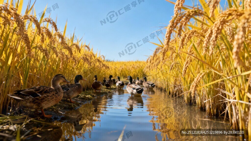 秋收稻田里的野鸭群  要有水 