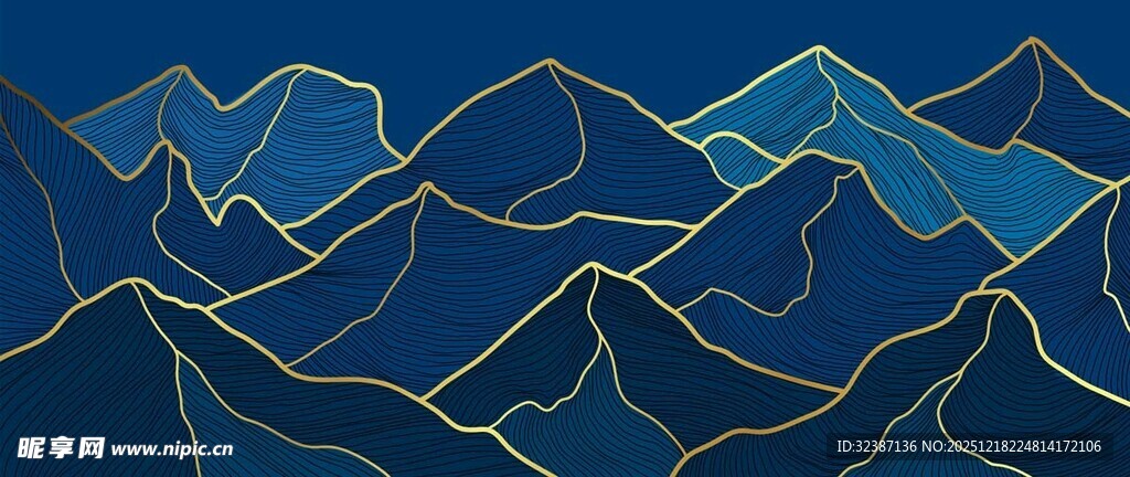 蓝色线条勾勒的山峦景观