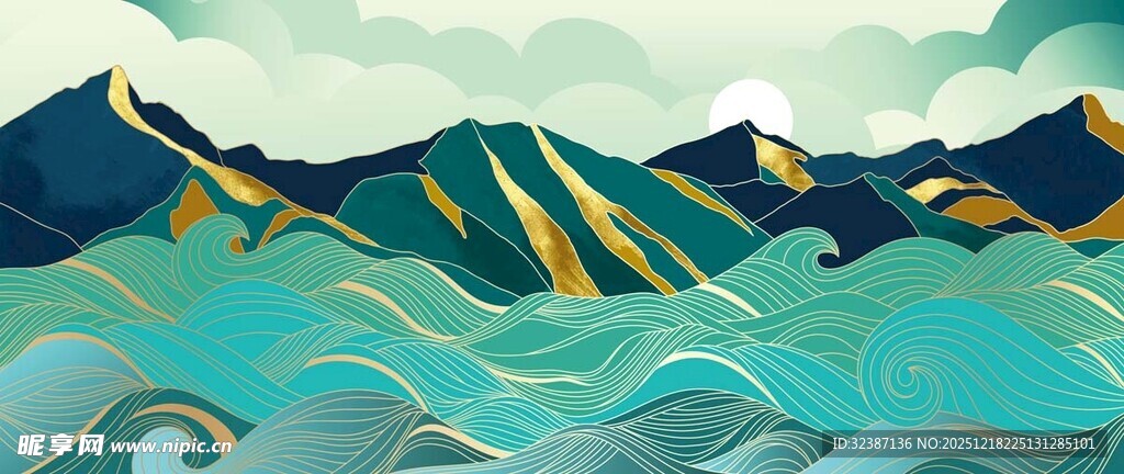 梦幻山海风景插画