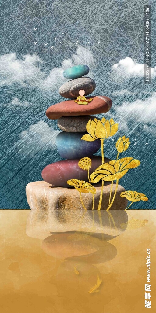 海边彩色石堆与金黄植物