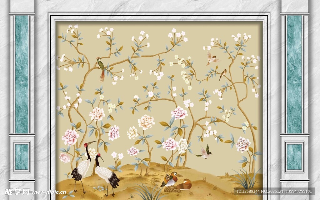中式花鸟背景墙装饰画