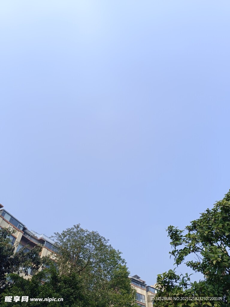 蓝天绿树间的建筑一角