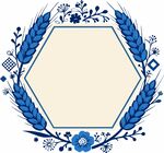 蓝白花卉麦穗六边形边框