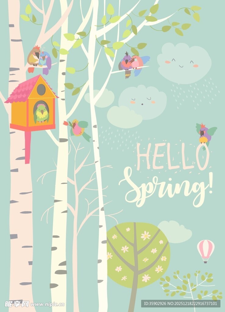 春日白桦林与可爱鸟屋