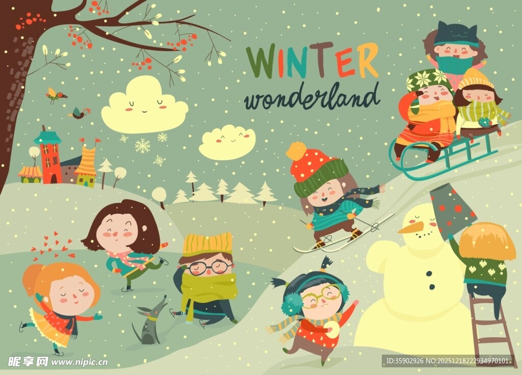 冬日儿童户外欢乐玩耍场景