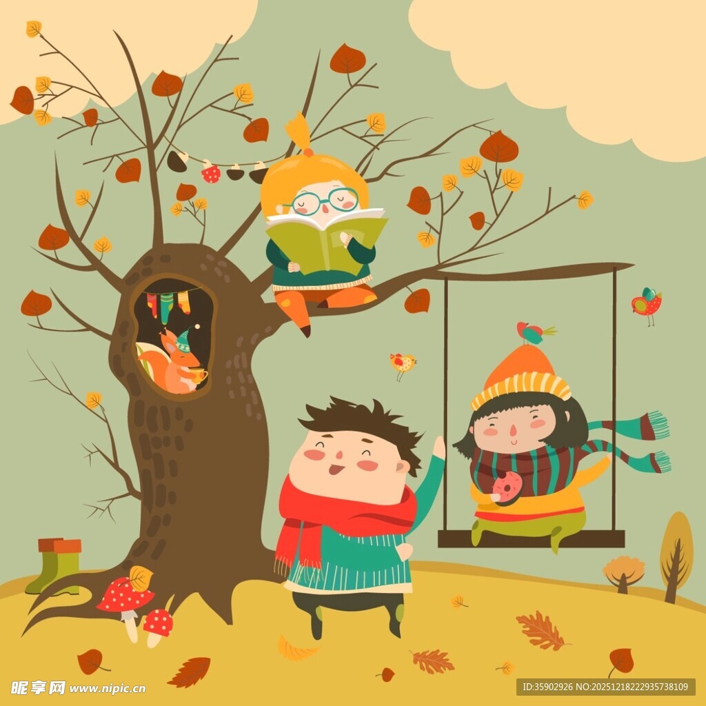 秋日树下孩童欢乐时光