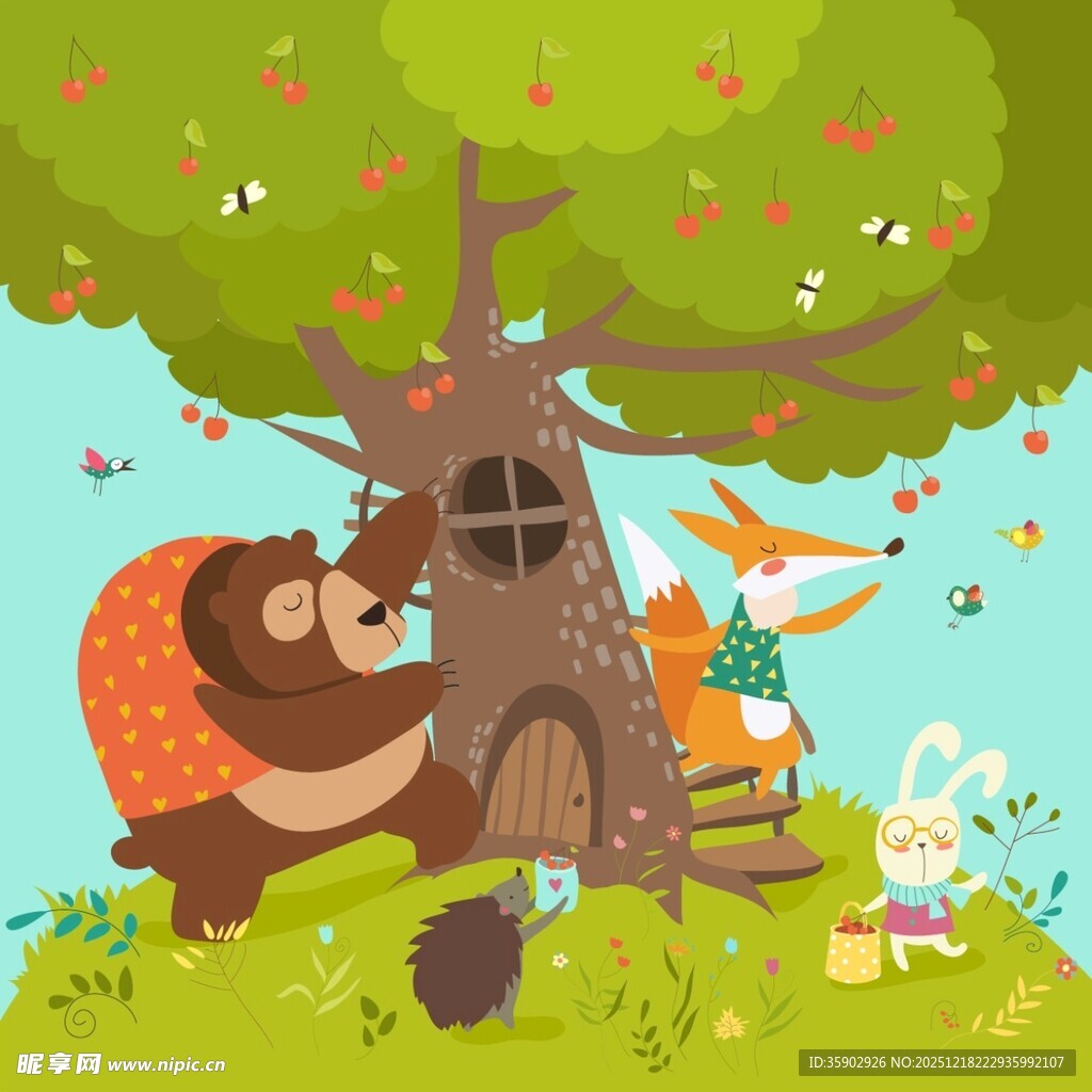 树下动物的温馨生活场景