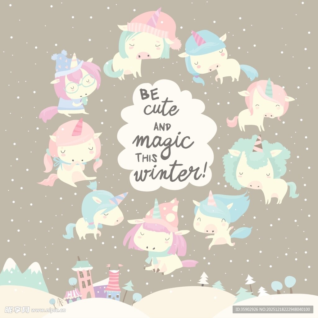 可爱魔法冬季小动物插画