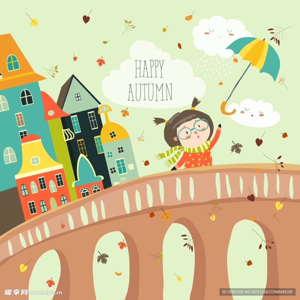 女孩撑伞漫步童话桥