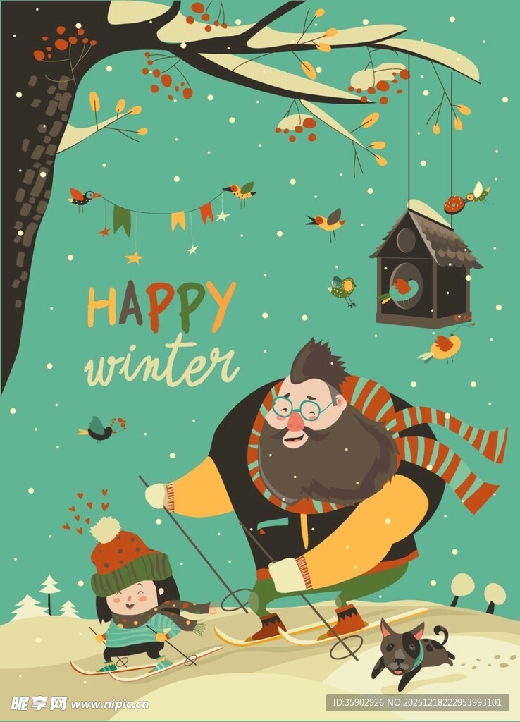 冬日欢乐场景熊与孩子玩耍