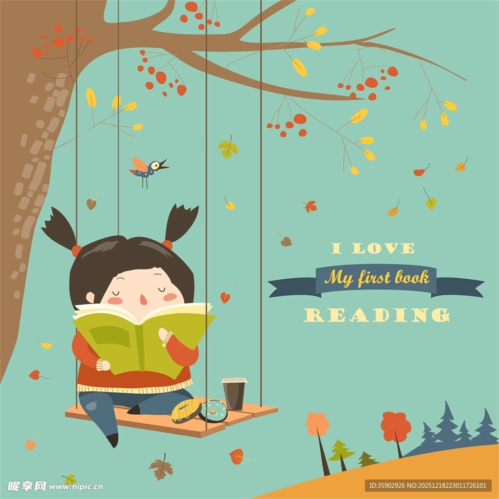 女孩秋千上惬意阅读