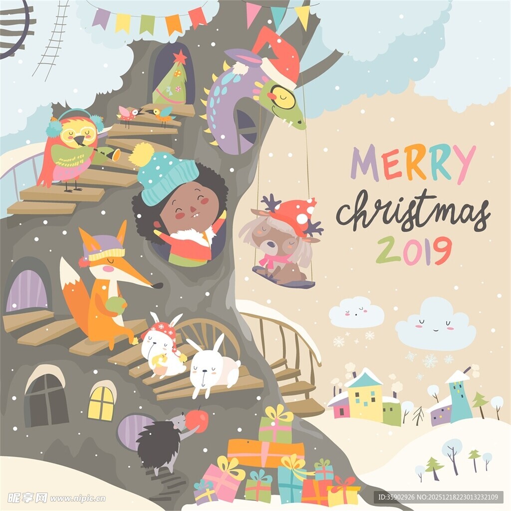 圣诞动物欢聚插画