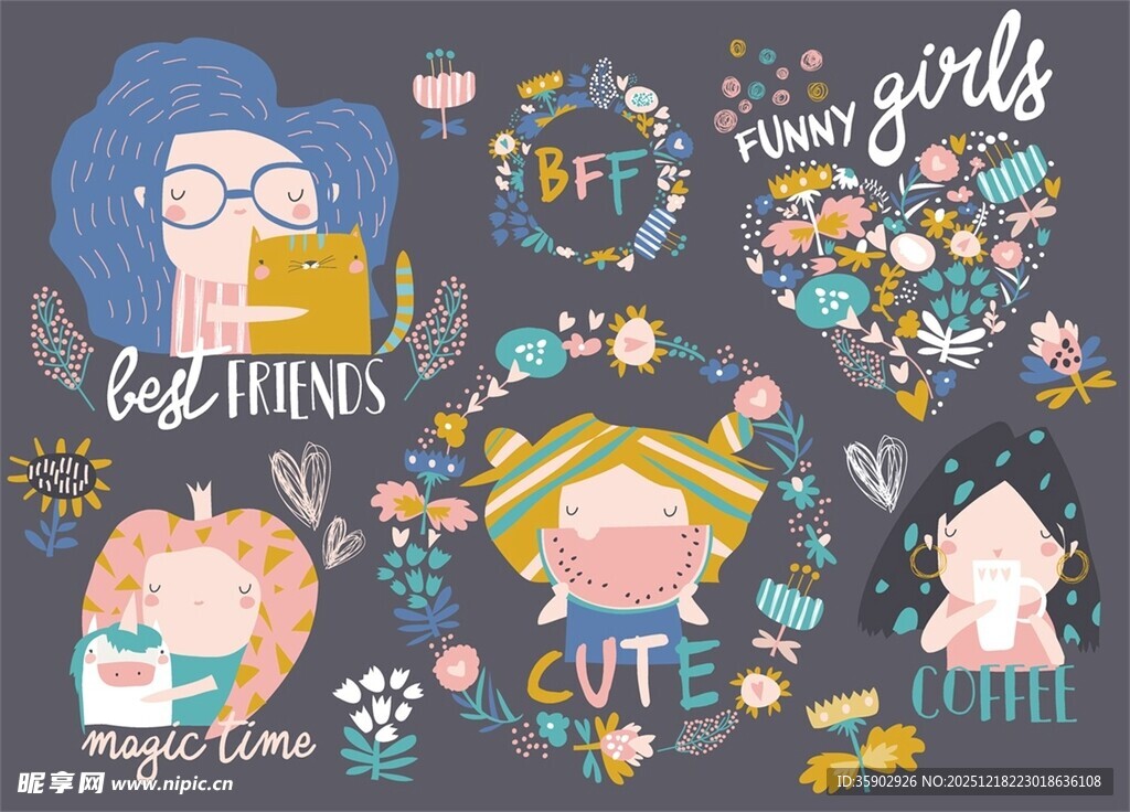 可爱卡通女孩插画元素
