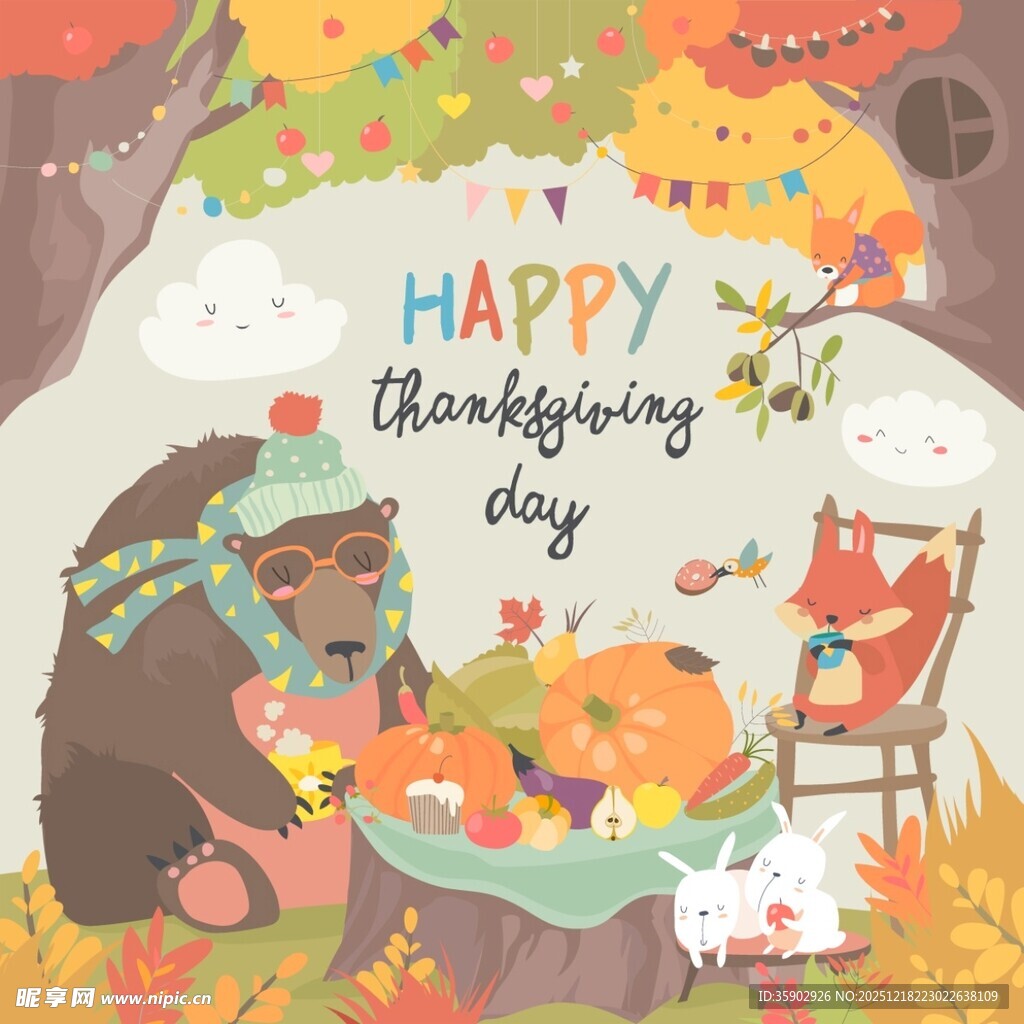 欢乐感恩节动物聚餐场景