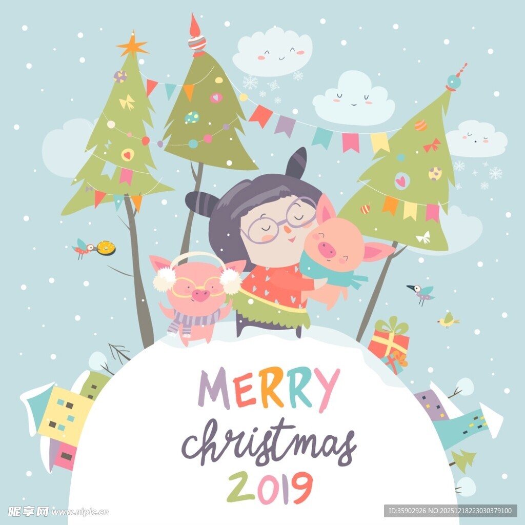 圣诞女孩与小猪欢乐场景