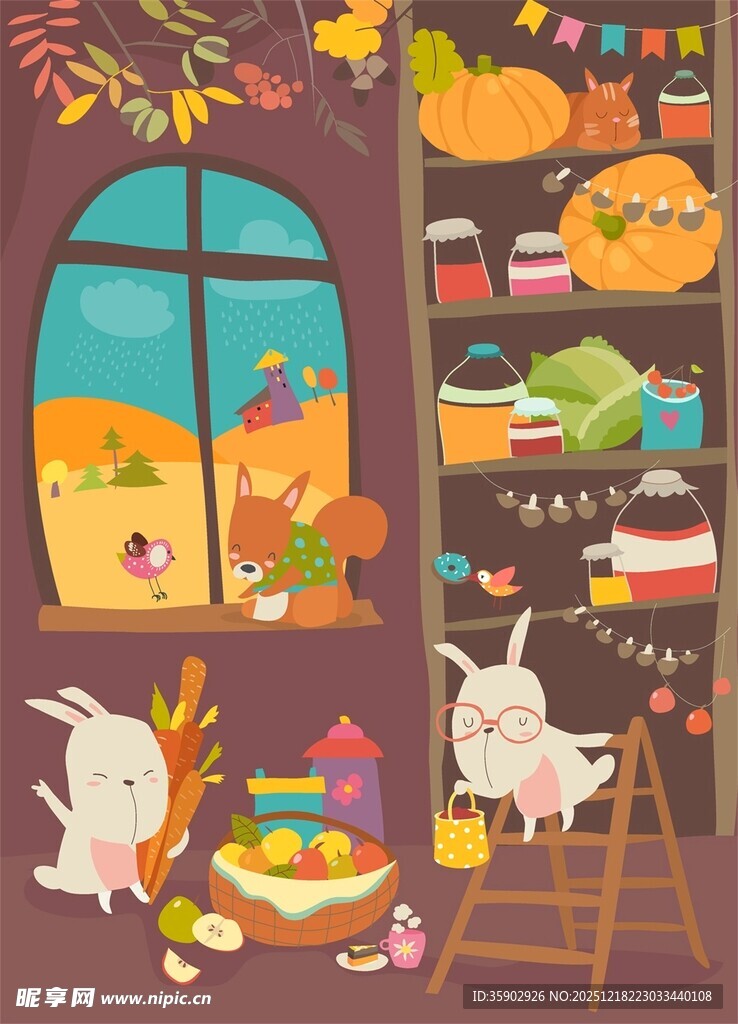 兔子的温馨秋日室内场景