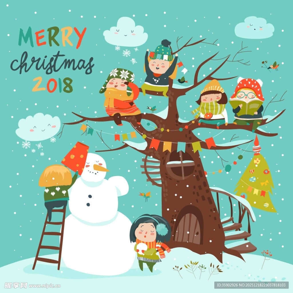 圣诞树下的欢乐冬日场景