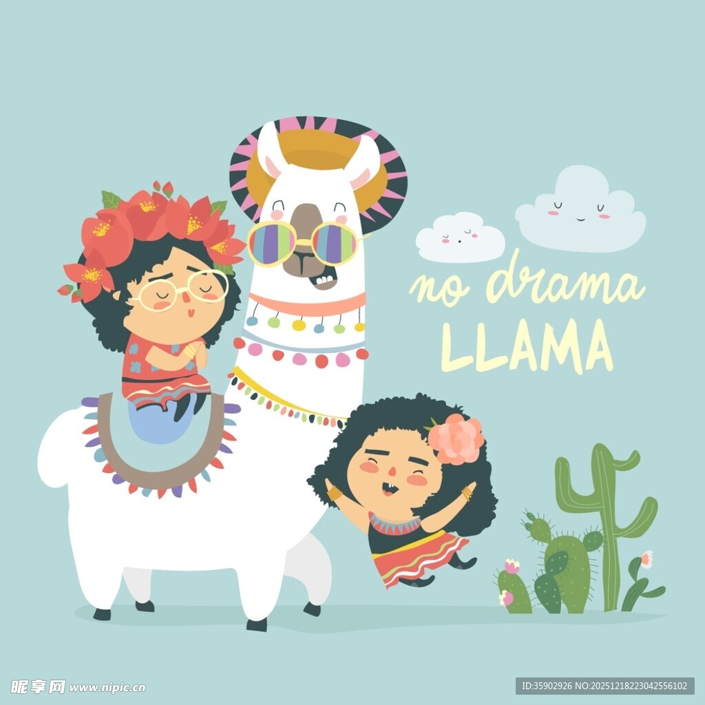 可爱萌趣的女孩与羊驼插画