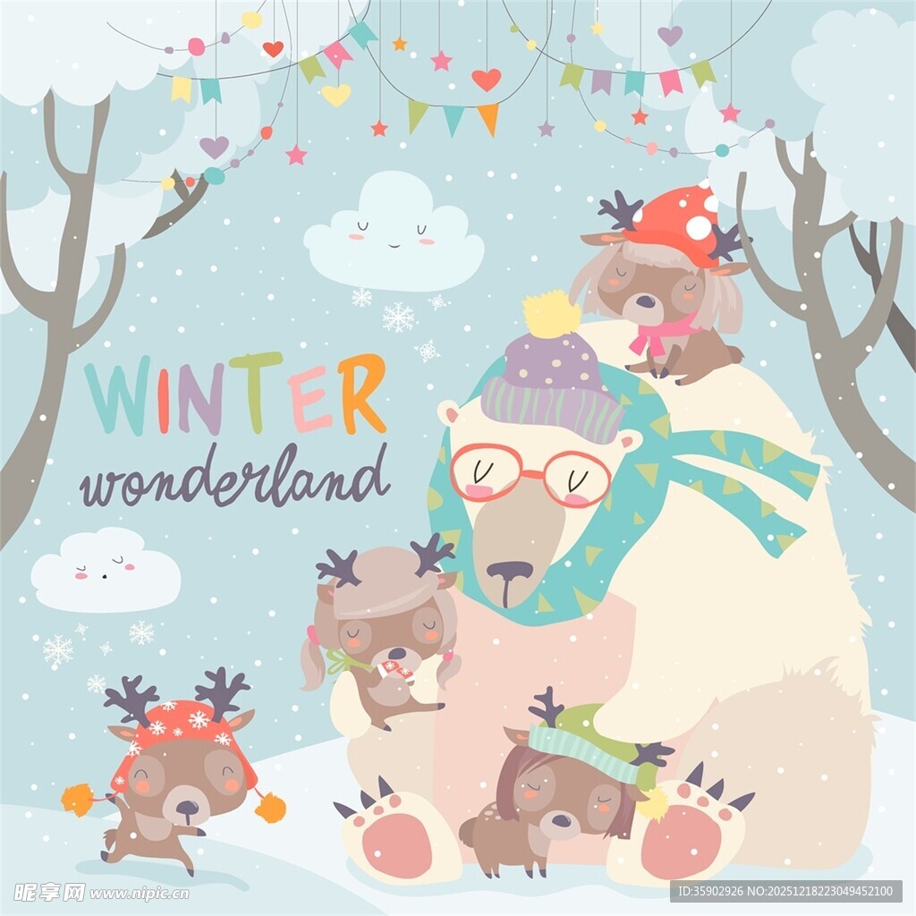 冬日童话场景中的可爱动物
