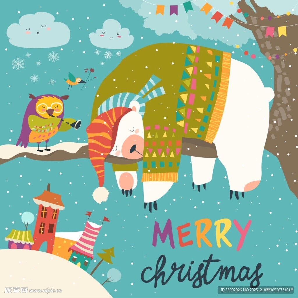 圣诞欢乐小熊与小鸟场景