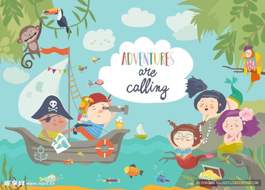 儿童海盗主题欢乐插画