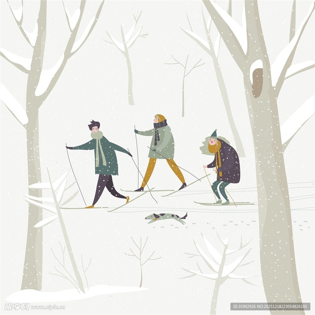 冬日雪地三人徒步场景