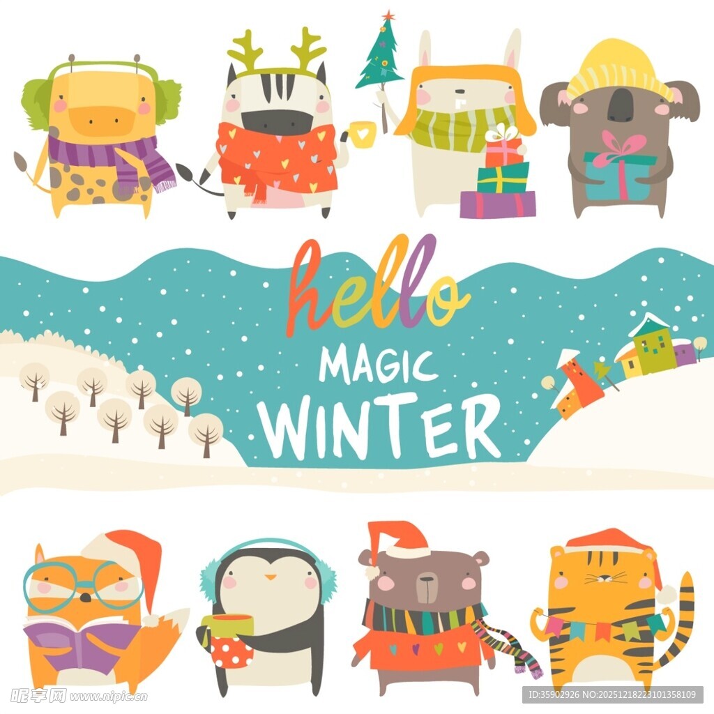 可爱动物的冬季欢乐场景