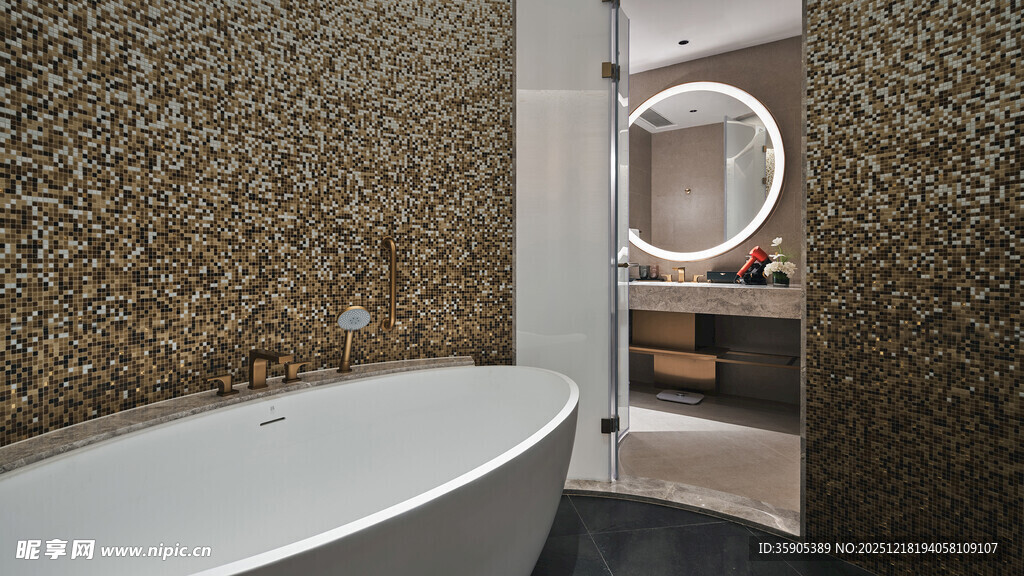 现代风浴室浴缸与圆形镜