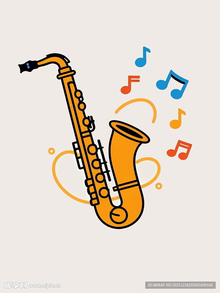 卡通风格的萨克斯与音符